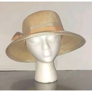 ADOLFO II Vintage Natural Fine Woven Straw Sun Hat With Double Ribbon Band